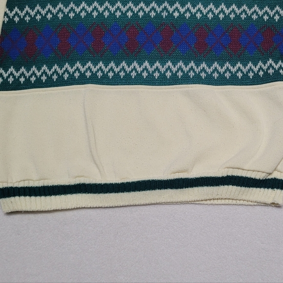 70s Vintage Morgan Square Cream Fleece Lined Argyle Knit Cropped Sweatshirt L - Picture 5 of 12